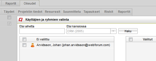 Turvallisuustasoa hallitaan Asetukset-moduulin Perusvalinnoissa, kohdassa Salli käyttöoikeusasetukset projektiin kuulumattomille resursseille.