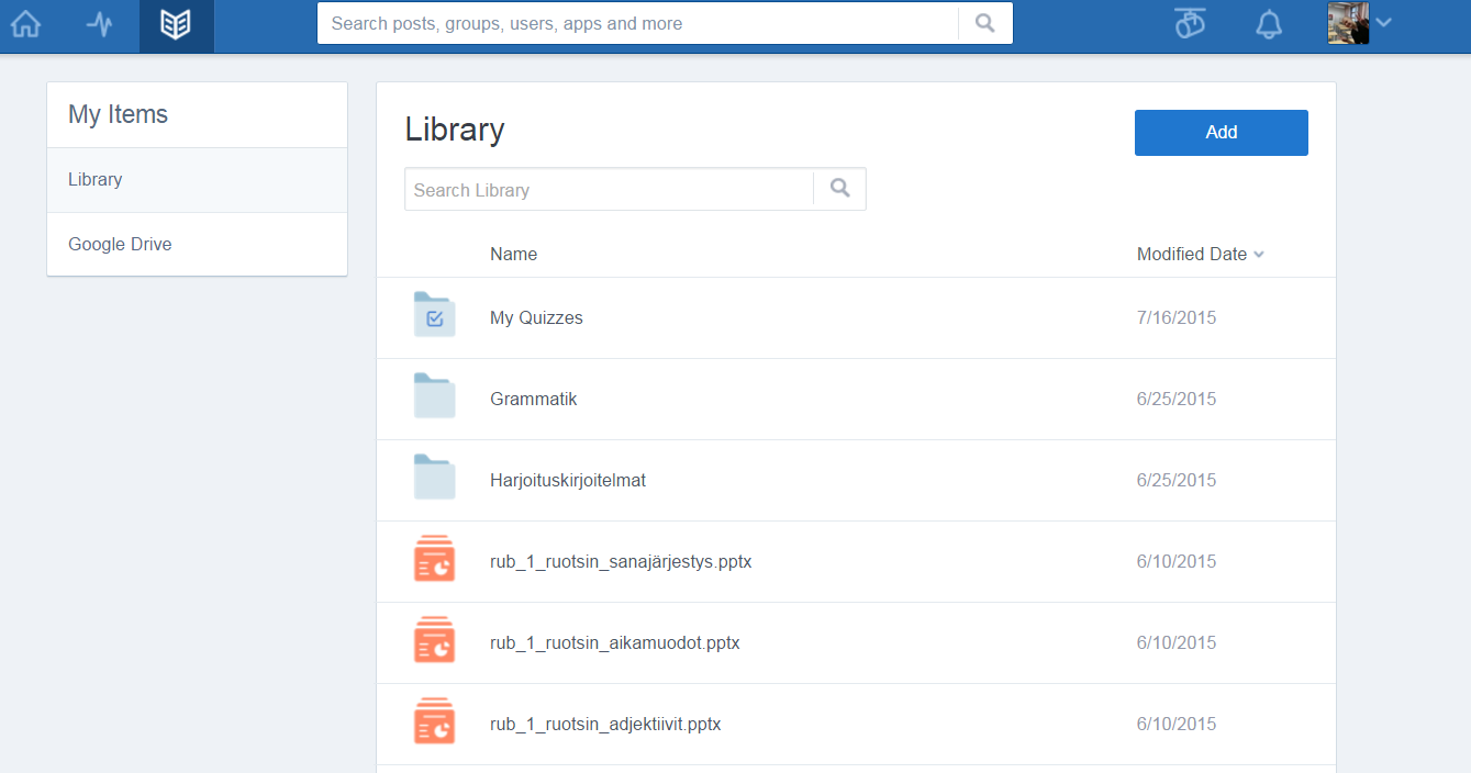 MUITA TOIMINTOJA: Library LIBRARY-painikkeesta (avatun kirjan kuva vasemmalla ylhäällä) löydät kaiken mitä olet itse tuonut Edmodoon.