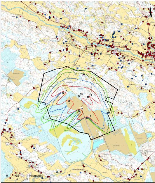 Kuva 6. Välkemallinnus. Tuulivoimalan napakorkeus 144 metriä ja roottorin halkaisija 132 metriä.