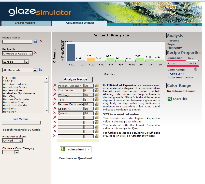 EC 143 lasitteen lämpölaajenemisen laskeminen Glaze simulator ohjelmalla