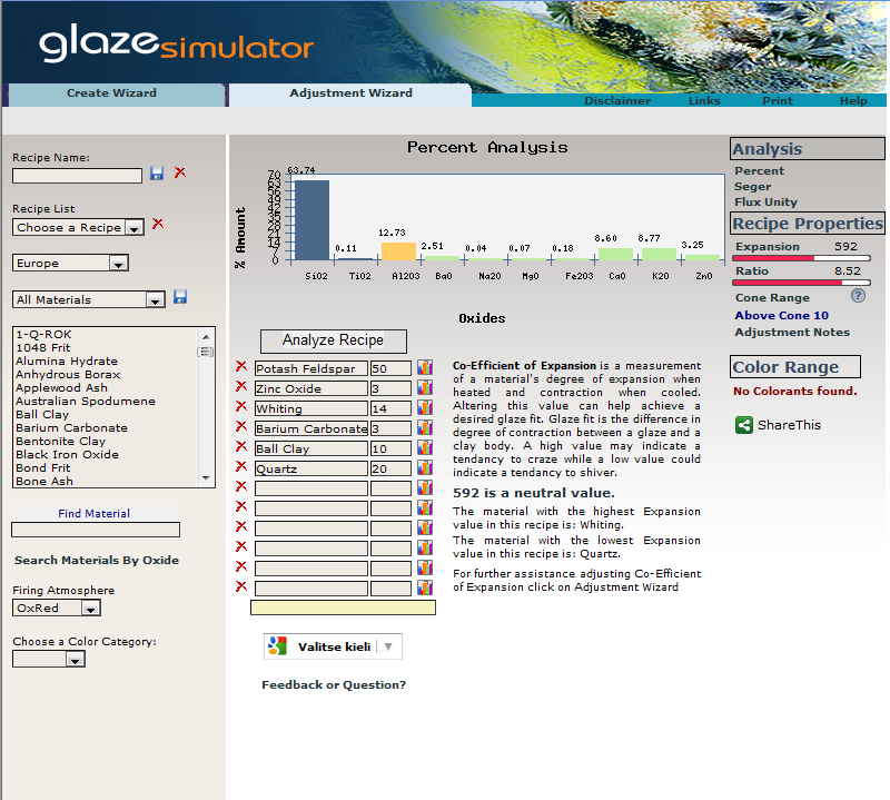 EC 315 lasitteen lämpölaajenemisen laskeminen Glaze simulator ohjelmalla