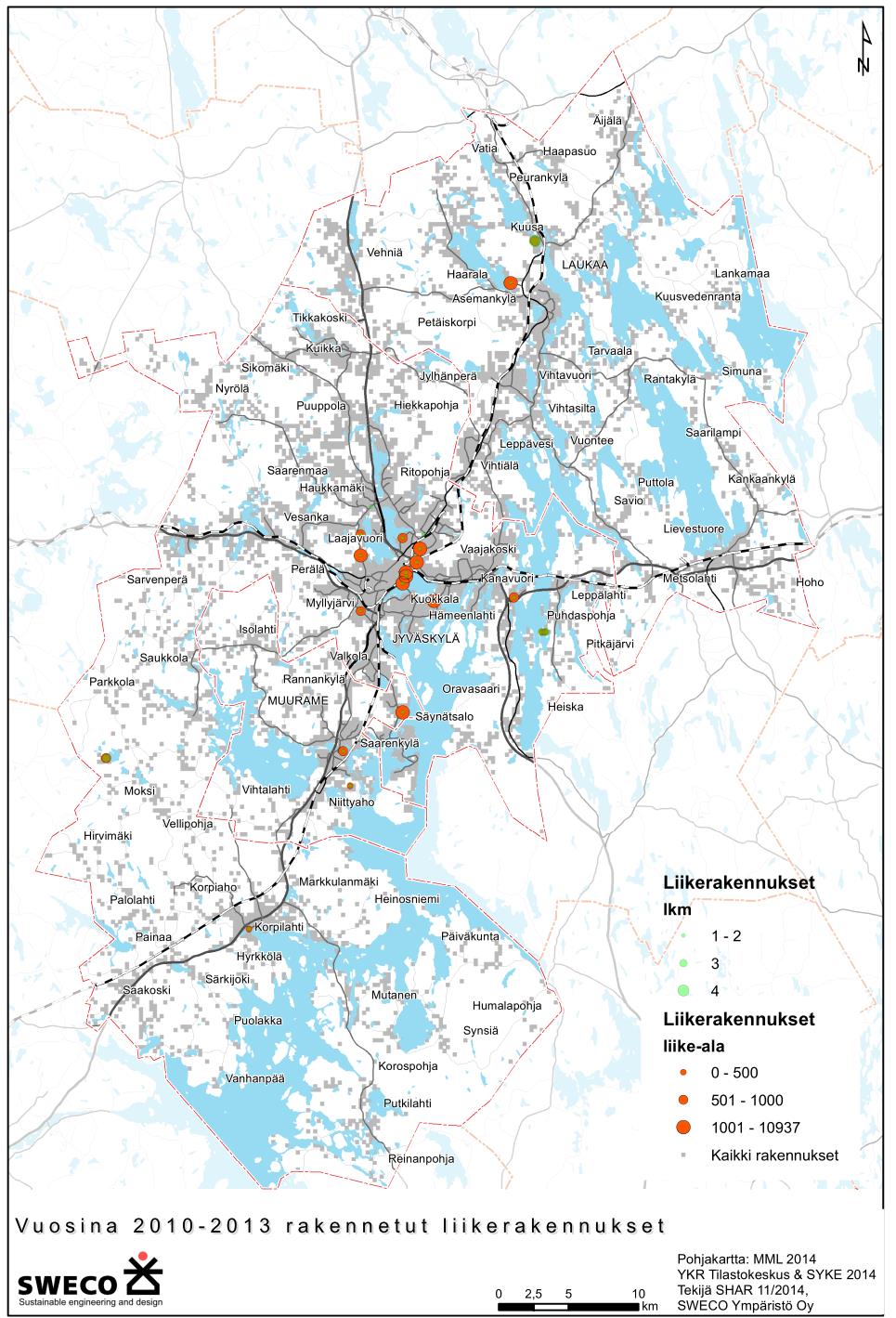 Rakentaminen Rakennusten lukumäärän muutos 2010-2013, Liikerakennusten lukumäärä + liikeala Liikerakentamista on