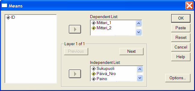 List -muuttujiksi mittarit ja Independent List