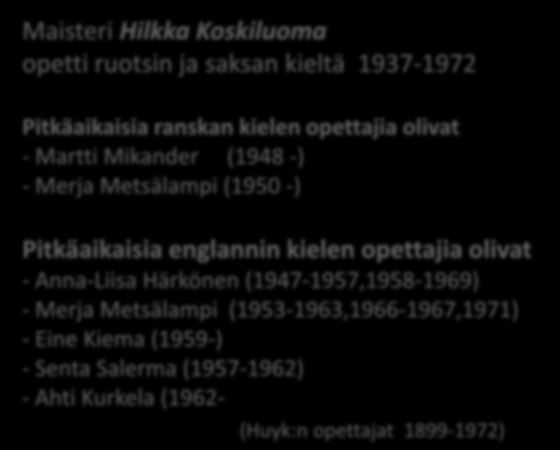 olivat - Martti Mikander (1948 -) - Merja Metsälampi (1950 -) Pitkäaikaisia englannin kielen opettajia olivat - Anna-Liisa