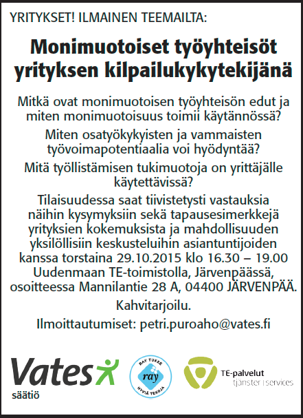 Kyvyt Käyttöön Keski-Uusimaa -lehti 25.10.2015 1) Mitä työllistämisen tukimuotoja on yrittäjälle käytettävissä?