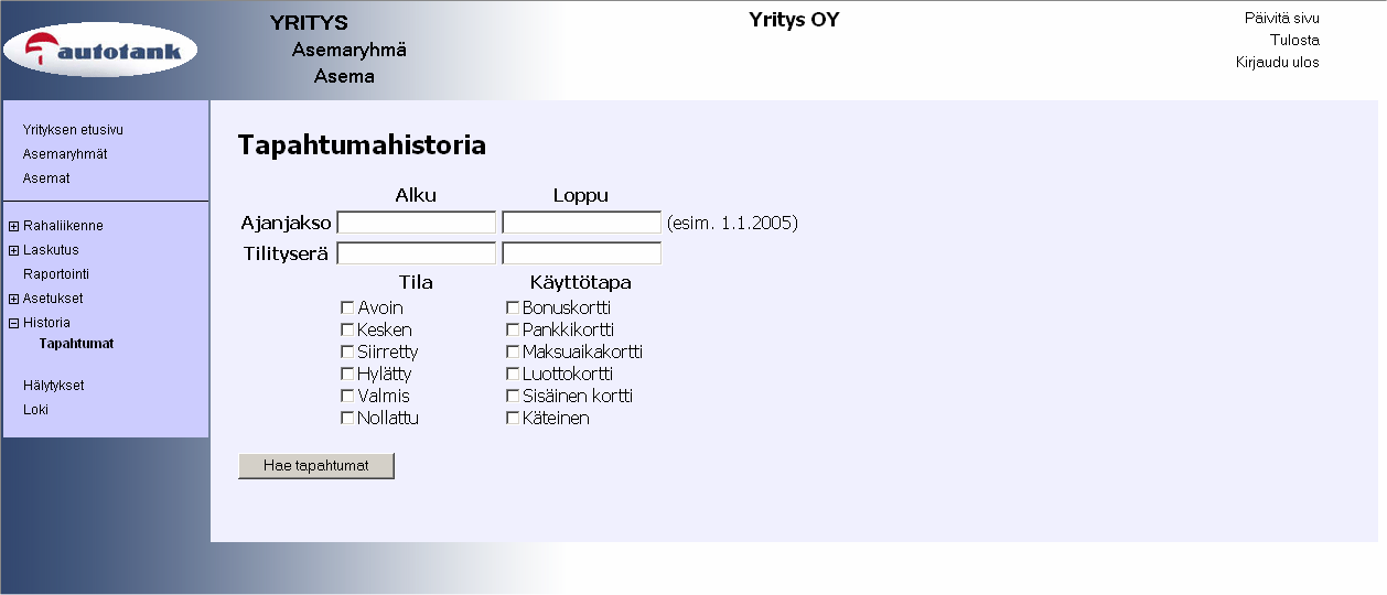 4.1.11. Asetukset/Jälkialennukset. Tapahtumahistoria (Historia/Tapahtumat -sivu, kuva 4.1.12) on ominaisuutena varsin helppokäyttöinen tapa etsiä esimerkiksi hukkunutta luottokorttiostoa tapahtumien seasta.