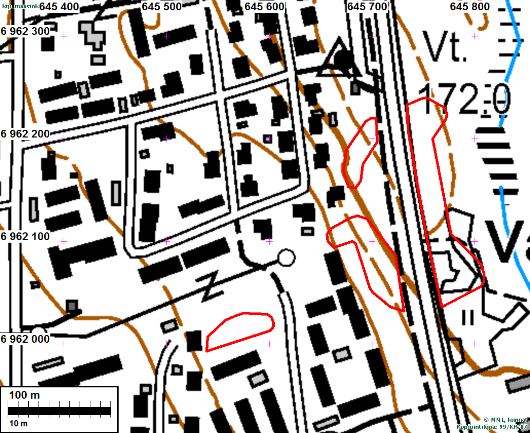 Punaiset pisteet ovat inventoinnissa määritetyt kohteen ja alakohteiden sijainnit (1-4).