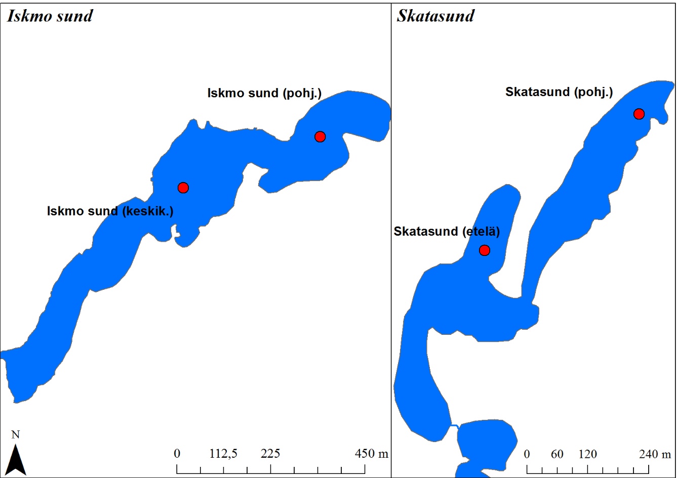 21 3.2. Sedimentti Sedimenttinäytteitä otettiin yhteensä neljästä kohdasta (Iskmo sund 2 paikkaa ja Skatasund 2 paikkaa) (kuva 15).