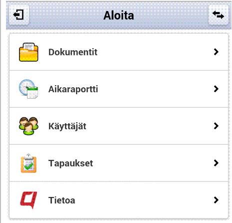 Mobiilikäyttöliittymässä on tällä hetkellä neljä moduulia: dokumentit, käyttäjät, aikaraportti ja