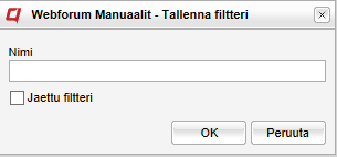 Riskit Täällä voidaan hallinnoida projektin riskejä. Ensimmäinen näkymä on lista, jossa näkyy kaikki riskit. Riskilista Erilaisia filttereitä voidaan tallentaa klikkaamalla Tallenna filtteri.