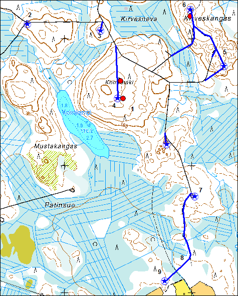 Kartta 2. Yleissuunnitelma-alue, oletetut tielinjat ja voimalapaikat merkitty sinisellä.