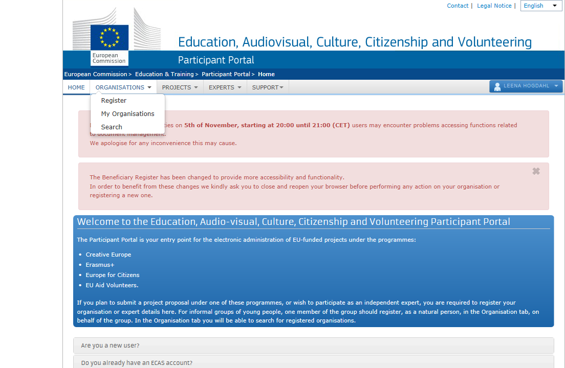 PIC-koodi Kun ECAS-tunnukset on saatu, avaa Participant Portal -sivu: http://ec.europa.