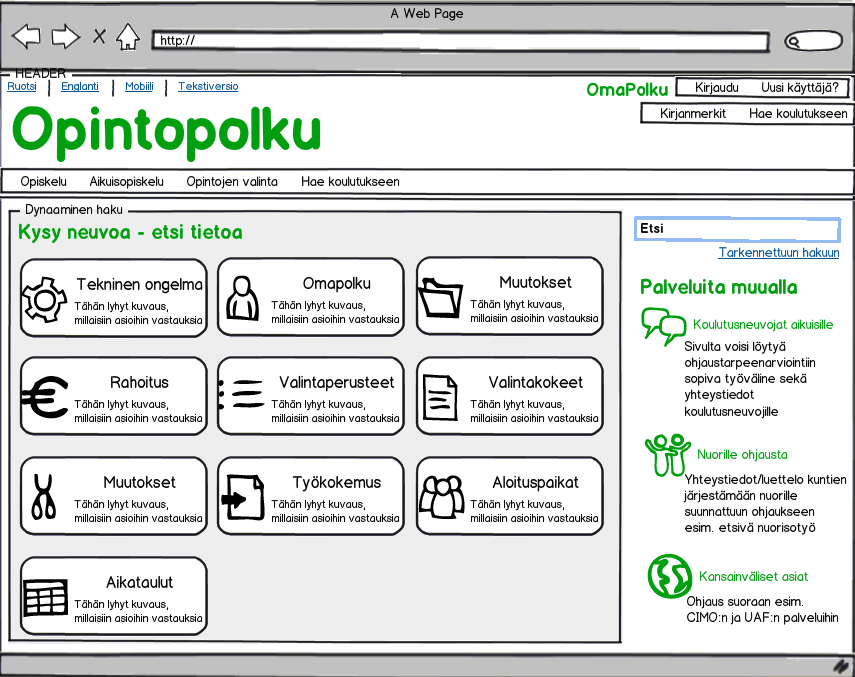 Kysy neuvoa etsi tietoa palvelussa 1/2 Itsepalveluperiaate: Hakeutuja ohjataan oikean tiedon lähteelle ei suoraan asiakaspalveluun