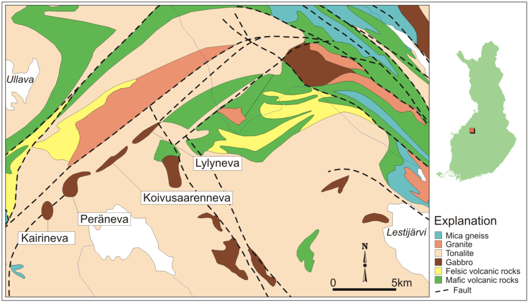21 Etelä ja LänsiSuomi KälviäHalsua provinssi KälviänHalsuan alueelta tunnetaan viisi mineralisoitunutta intruusiota, Koivusaarenneva, Peräneva, Kairineva, Lylyneva ja Riutta.