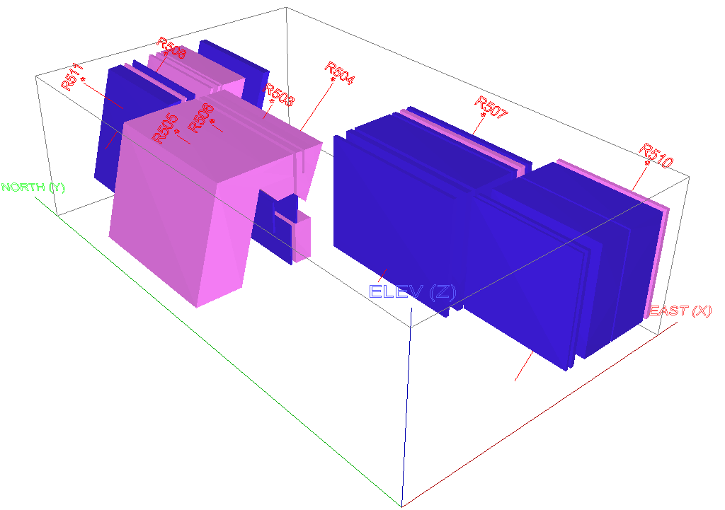 26 Kuva 16. Kairinevan ilmeniittiesiintymän Gemcomilla laadittu 3Dmalli, violetti=ilmeniitti>20 %, sininen=ilmeniitti 820 %. 3Dmodel of Kairineva ilmenite deposit (Sarapää et al. 2003).