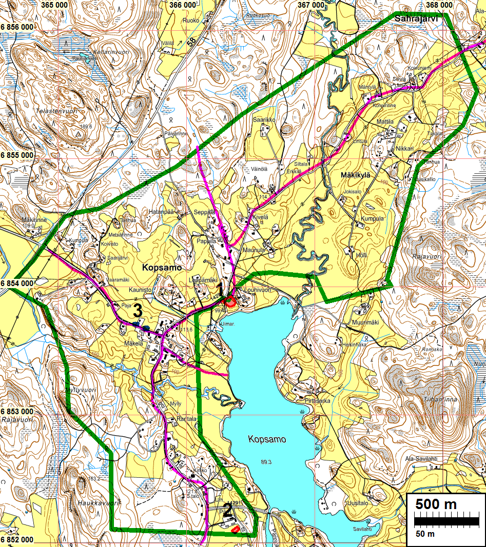 3 seksi. Selityksiä: Koordinaatit, kartat ovat ETRS-TM35FIN koordinaatistossa. Kartta ovat Maanmittauslaitoksen maastotietokannasta keväällä 2014, ellei toisin mainittu.