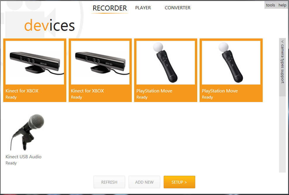 25 Kuva 3 ipi Recorder -devices välilehti (ipi Recorder 2 2014, kuvankaappaus) Seuraavaksi avataan Setup-ikkuna, jossa määritetään kalibraatio liikeohjaimille ja asetetaan Kinect-kameroiden korkeus
