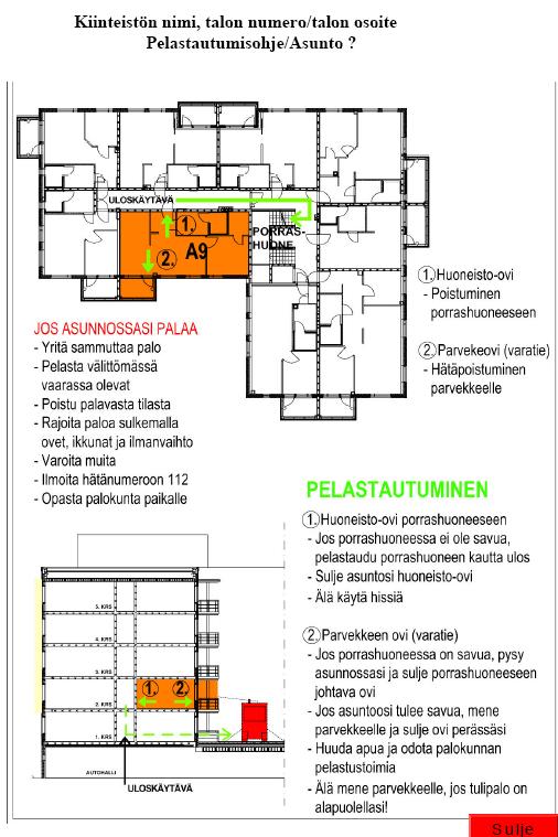 5 Asuinhuoneiston pelastautumissuunnitelma, porrashuoneen turvallisuusopaste Jokainen asuinhuoneisto suositellaan varustettavaksi mallin mukaisella pelastautumisohjeella.