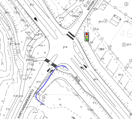 15 / 25 Kuva 16 Hirvikoskentien/Myllykyläntien valo-ohjattu liittymä. Muutokset mahtuvat nykyiselle tiealueelle. 3.