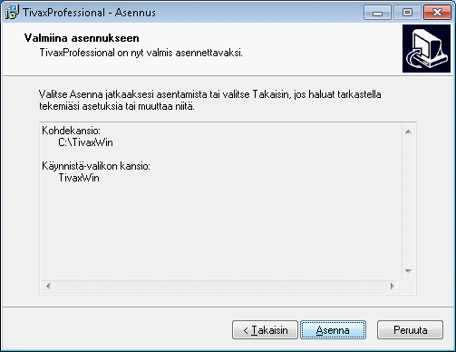2 Tivax Professional versio 4.5 asennus Program Files kansioon, tällöin on kuitenkin huomioita, että Tivax kirjoittaa oletusarvioisesti Raportit asennuskansion alikansioon nimeltään Raportti.