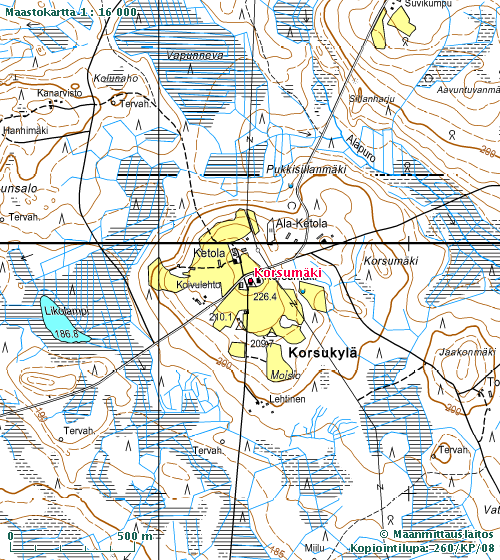 Korsumäen talo sijaitsee korkealla (226 m) mäellä Kivijärven länsipuolella soiden keskellä (Lähde: Maanmittauslaitos Kopiointilupa 260/KP/08). 6.