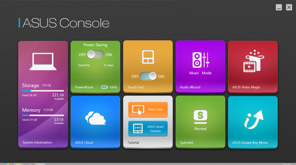 ASUS Console Tämä kannettava tietokone on varustettu ASUS Console -sovelluksella, joka tarjoaa pääsyn yhdellä