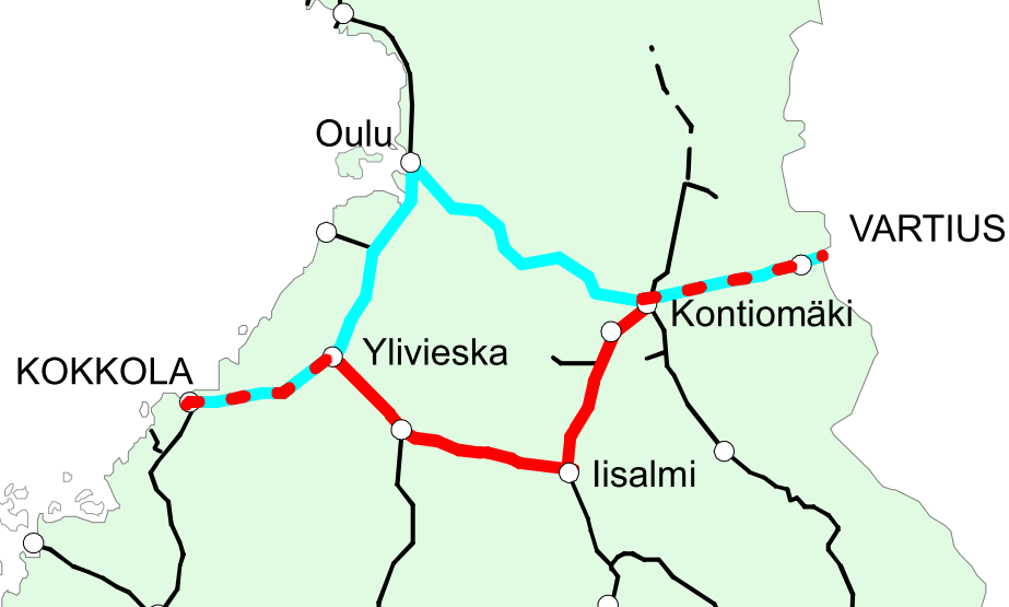 Venäjän transito tuo työtä Suomeen Reittien kehittäminen Vartius-Oulu-Kokkola -reitiltä tarvitaan seuraavia ominaisuuksia: 900 m junapituus 5 400 t junapaino kahdella sähköveturilla 250 kn