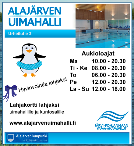 Alajärven Uimahalli suljettuna seuraavina päivämäärinä 3. 6.4.2015 Pääsiäisen aika 1.5.2015 Vappu 10.5.2015 Äitienpäivä 14.5.2015 Helatorstai 19. 20.6.2015 Juhannus Touko-elokuun aikana uimahalli suljettu sunnuntaisin.