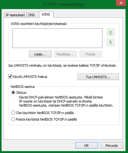 17 (22) Valitse DNS välilehti ja laita valinta kohtaan Liitä ensisijaiset ja yhteyskohtaiset DNS liitteet. (Append primary and connection specific DNS suffixes). Valitse WINS Välilehti.