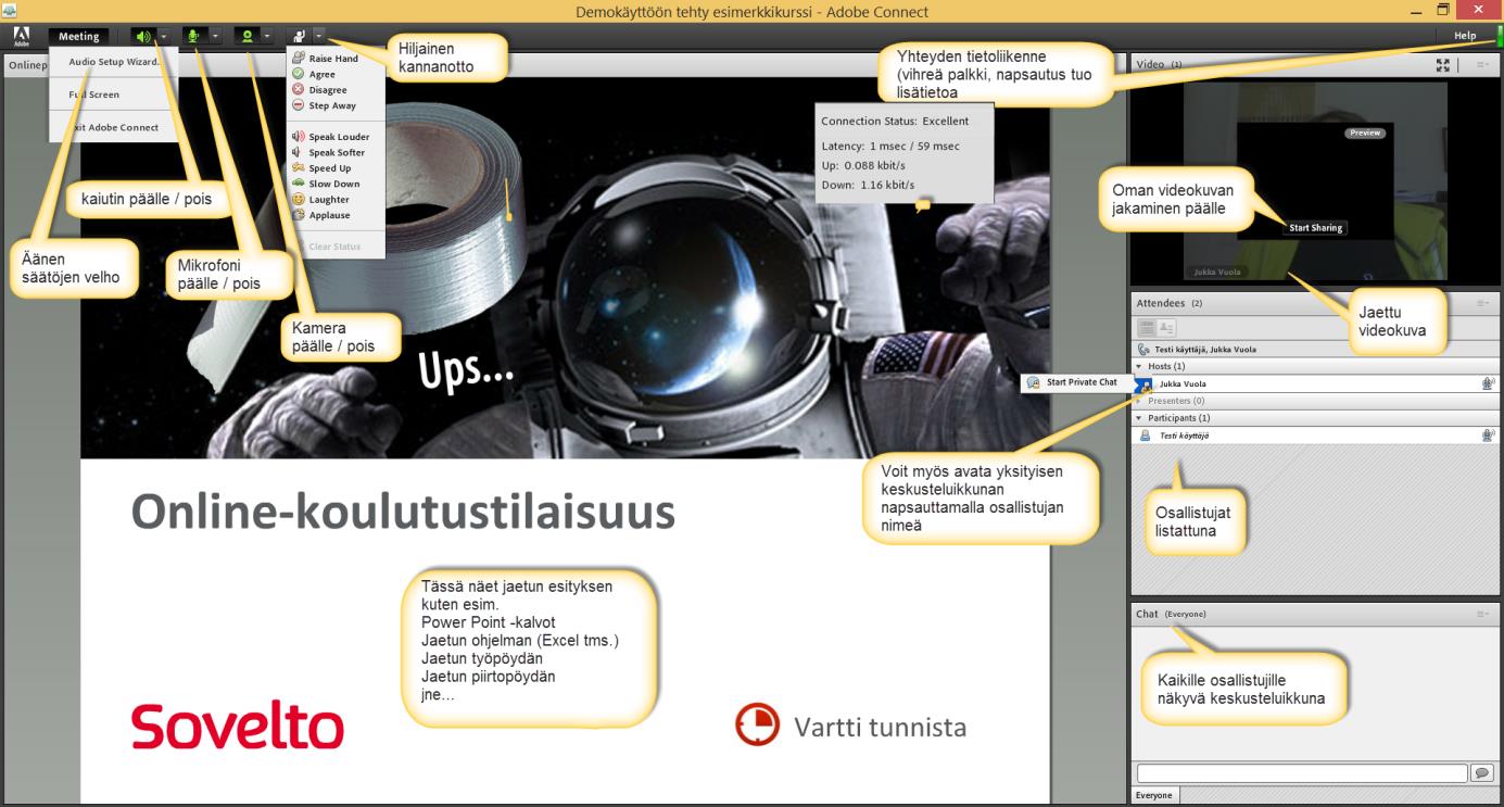 Yhteenveto kurssilaisen yhteysikkunan toiminnoista Käyttämäsi tietoliikennekaista Saat tietoja tietoliikenteen määrästä (meno- / paluusuunta) napsauttamalla selainikkunan oikeasta