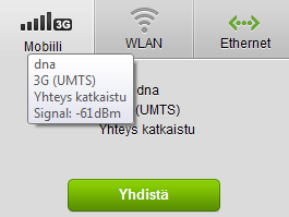 Vihreä väri Mobiili-, Wlan- tai Ethernet-ikonissa näyttää mitä yhteystapaa tietokone milloinkin käyttää. DNA Netti osaa automaattisesti valita parhaan tavan yhdistää internetiin.