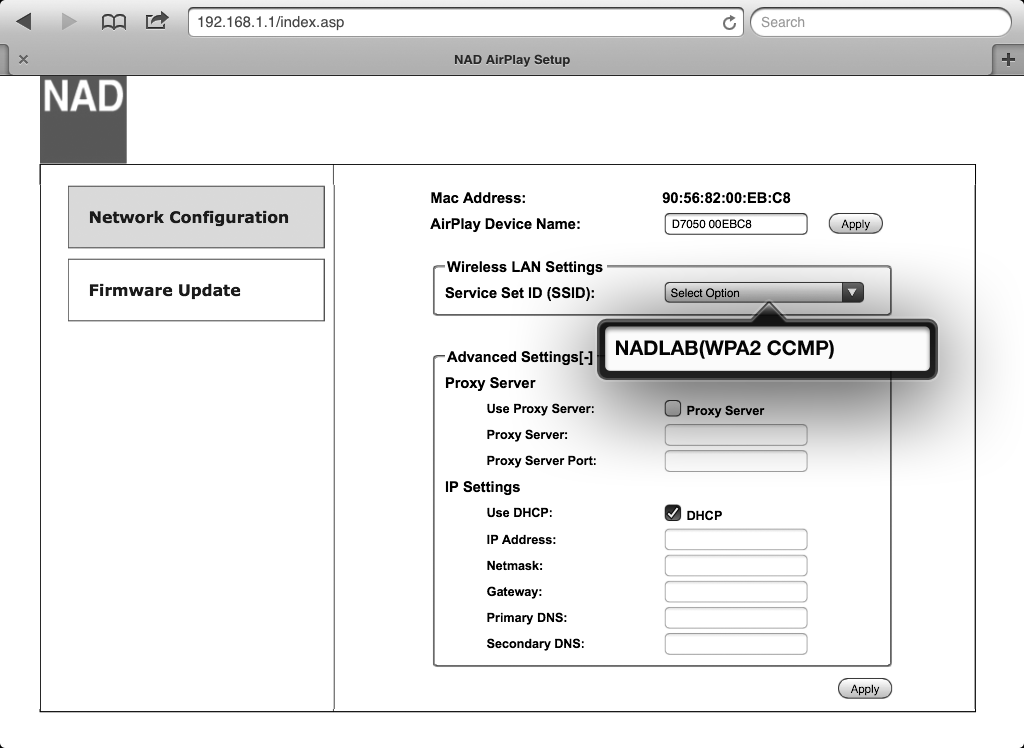 ACCESS POINT -TOIMINTO 4 Valitse verkkosi SSID-alasvetovalikosta - (esim. NADLAB (WPA2 CCMP).