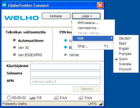 7.3. Kielen valinta Welho Wekkulan mukana tuleva GlobeTrotter Connect tukee seitsemää eri kieltä. Tuetut kielet ovat Suomi, Ruotsi, Saksa, Viro, Englanti, Ranska ja Venäjä. Oletuskielenä on Suomi. 8.