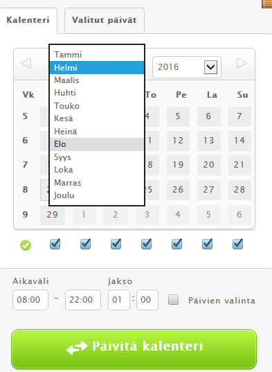 Kuva 9: Yhden päivän kalenterille saa klikkaamalla kyseistä päivämäärää pienestä kalenterista.