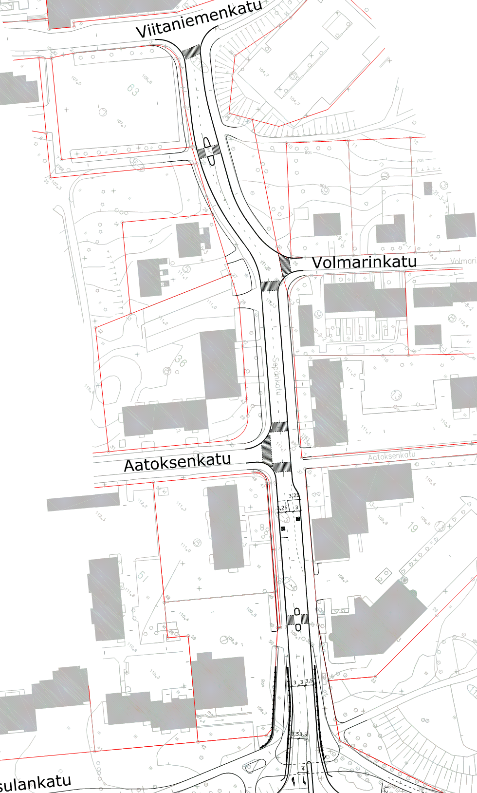 Pyöräteiden kohdilla suojateiden reunakivi toteutetaan mahdollisimman loivina tai reunakivi jätetään kokonaan pois. Keskustan puoleinen kävely- ja pyörätie kannattaa jättää jalkakäytävätasoiseksi mm.