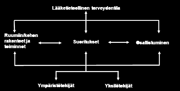 Kuvio 1. ICF-toimintakyvyn osa-alueiden suhde toisiinsa (WHO 2001, 18) Toimintakyky voidaan jakaa neljään ulottuvuuteen, jotka ovat fyysinen, psyykkinen, kognitiivinen ja sosiaalinen toimintakyky.