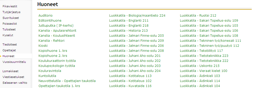 12 Huoneet Huoneet-toiminto luettelee koulurakennuksen tilat vihreinä linkkeinä (Kuva 14), jotka johtavat puolestaan ko.