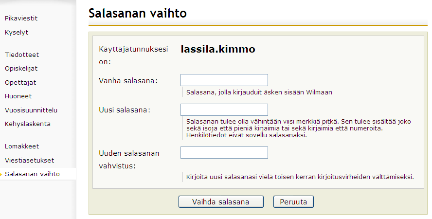 15 Salasanan vaihto Koululta saatu salasana on monimutkainen ja vaikea muistaa. Onneksi sen voi vaihtaa Wilmassa Wilman viimeisellä toiminnolla, salasanan vaihdolla (Kuva 17).