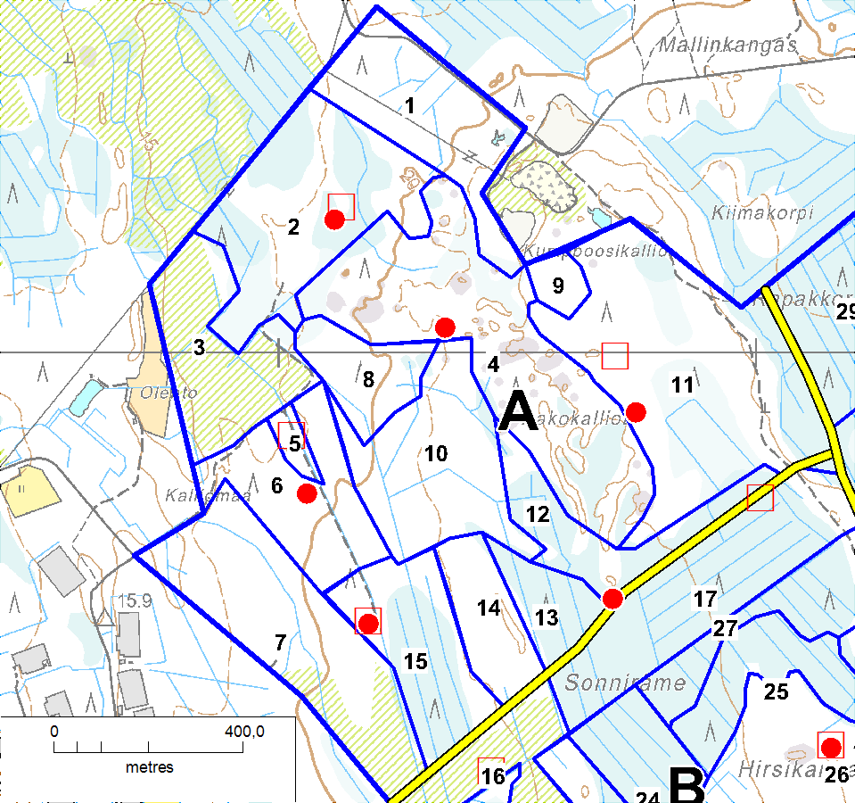 3.1 ALUE A Kuva 2. Jokelan A alueen osa-alueet. Alustavat tuulivoimaloiden paikat eri vaihtoehdoissa on merkitty punaisella, neliö = 11 voimalan vaihtoehto, ympyrä = 14 voimalan vaihtoehto.