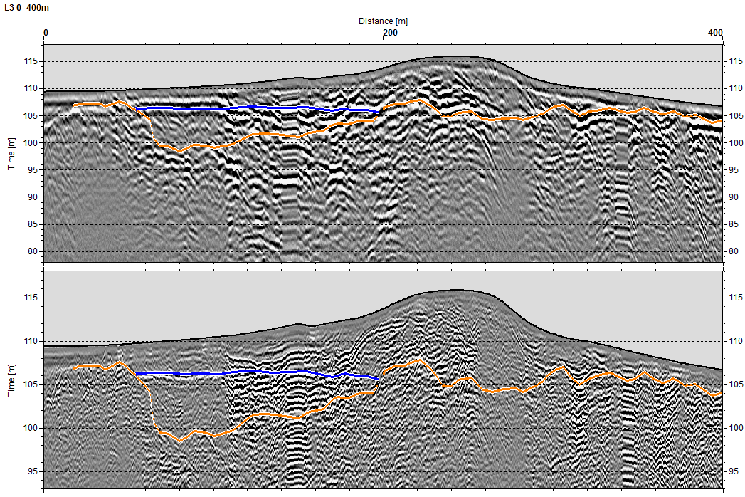 Etelä-Savon kiviaineshuollon turvaaminen 11 Kuva 8. Linjan L2 maatutkaluotausprofiili välillä 0 530 m. Sininen viiva = pohjaveden pinta, oranssiviiva = kallio / moreeni.