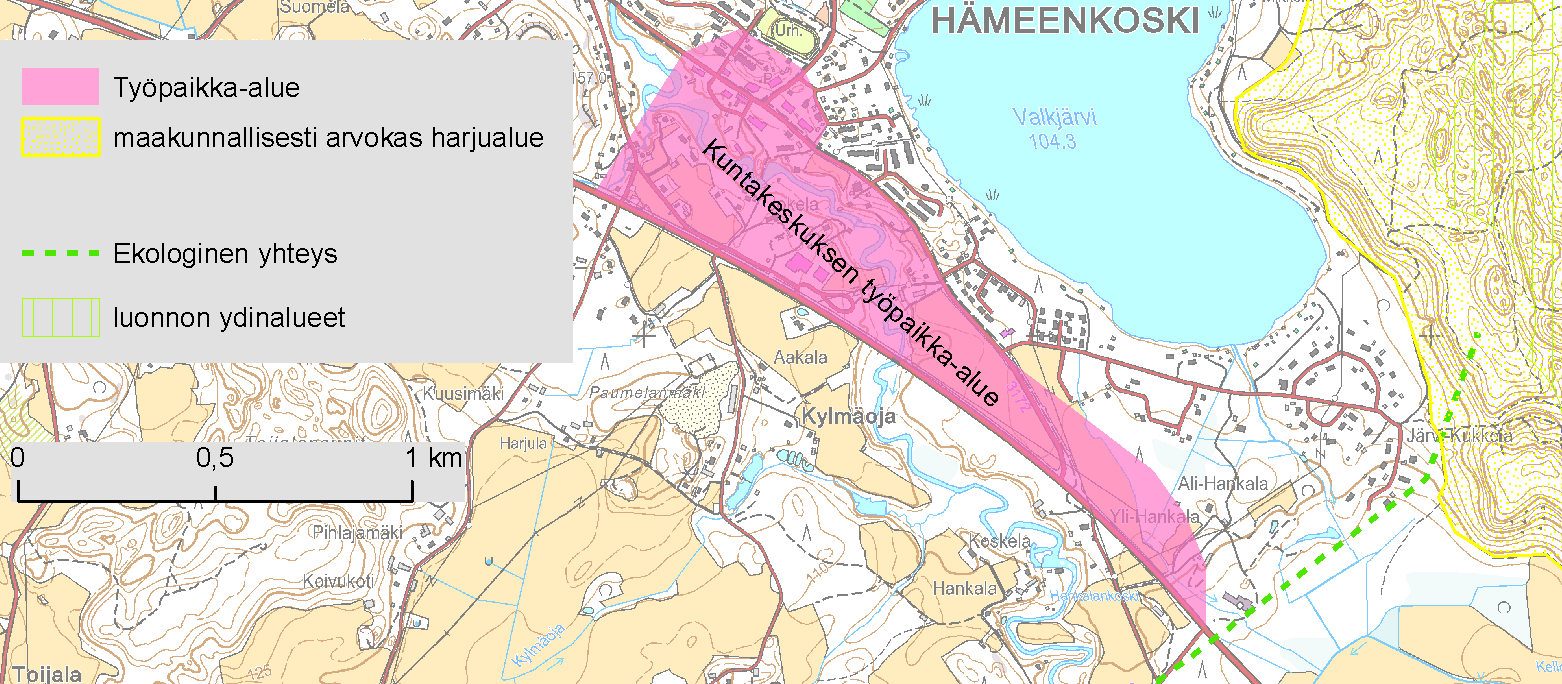 Kuva 9. Hämeenkosken kuntakeskuksen työpaikka-alue ja ekologisen verkoston ydinalueet ja ekologiset yhteydet. 2.9. Järvelän työpaikka-alue, Kärkölä Järvelän työpaikka-alueen länsireuna sijaitsee pieneltä osalta vedenhankintaa varten tärkeällä Järvelä I- pohjavesialueella (ei kuvaa).