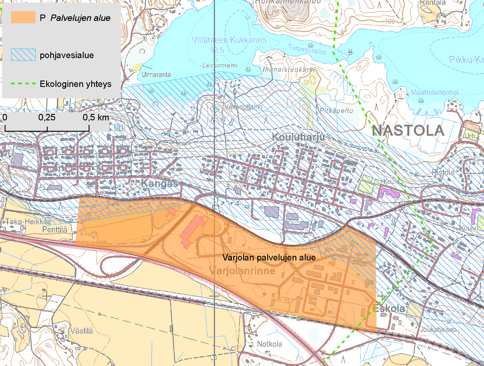 2.18. Varjolan palvelujen alue, Nastola Varjolan palvelujen alueen nykyisen aluevarauksen pohjoisosat sijaitsevat Nastonharju Uusikylän vedenhankintaa varten tärkeällä pohjavesialueella (Kuva 15).