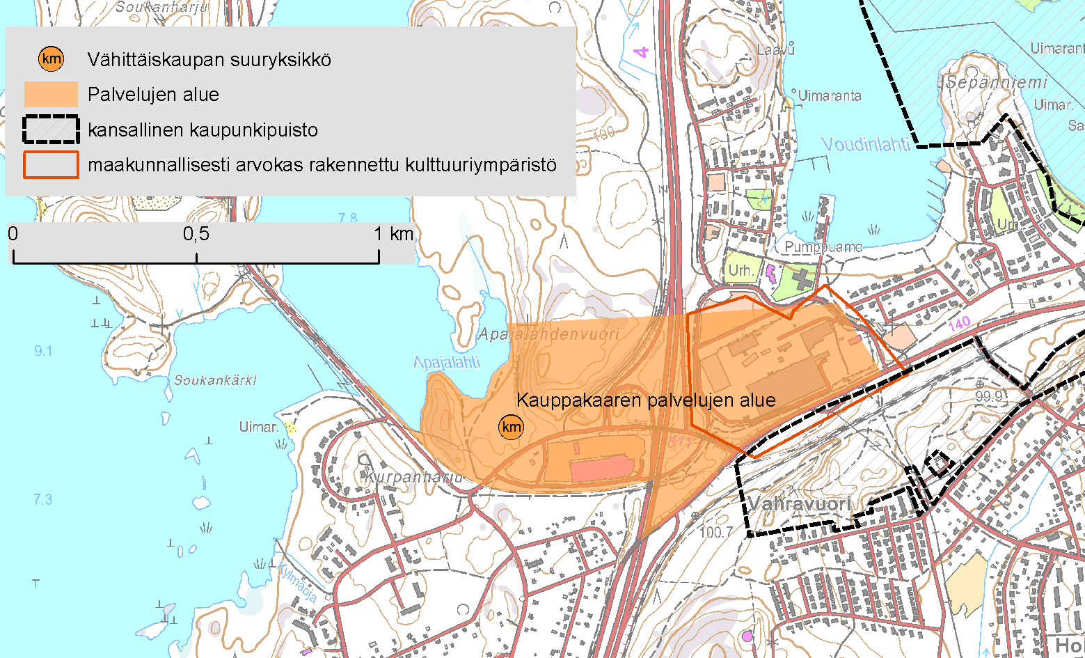4.3. Kauppakaaren palvelujen alue, Heinola Kauppakaaren palvelujen alueen itäosan eteläpuolella Vahravuorella sijaitsee Heinolan kansalliseen kaupunkipuistoon kuuluva alue (Kuva 21).