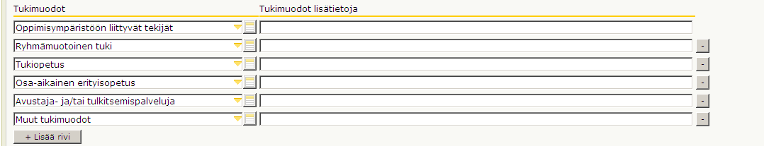 1.4 Tukimuodot Tukimuodot ja Tukimuodot lisätietoja Esimerkkejä eri tukimuodoista ja tukimuodot lisätietoja -kohtaan kirjattavista asioista: Oppimisympäristöön liittyvät tekijät= työskentelypaikka,