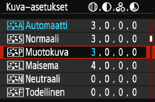 A Kuvaominaisuuksien mukauttaminenn Voit mukauttaa kuva-asetusta säätämällä yksittäisiä parametreja, kuten [Terävyys] ja [Kontrasti]. Tarkista muutosten vaikutukset testiotoksilla.