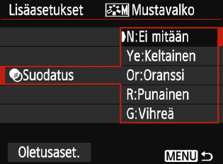 A Kuvaominaisuuksien mukauttaminenn V Mustavalkoasetus Mustavalko-asetuksessa voit määrittää myös [Suodatus]- ja [Sävytystehoste]- parametrit edellisen sivun [Terävyys]- ja [Kontrasti]-parametrien