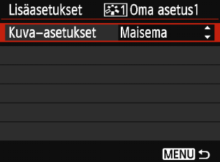 A Ensisijaisten kuvaominaisuuksien tallentaminenn Voit valita kuva-asetukset-perusasetuksen, kuten [Muotokuva] tai [Maisema], säätää sen parametreja ja tallentaa sen [Oma asetus1]-, [Oma asetus2]-