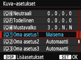 A Ensisijaisten kuvaominaisuuksien tallentaminenn 5 Valitse parametri. Valitse parametri, kuten [Terävyys], ja paina sitten <0>-painiketta. 126 6 Määritä parametri.