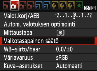 B: Valolähteen mukainen valotusn 2 3 4 Valitse [Valkotasapainon säätö]. Valitse [z2]-välilehdestä [Valkotasapainon säätö] ja paina sitten <0>-painiketta. Valkotasapainon säädön valintanäyttö avautuu.