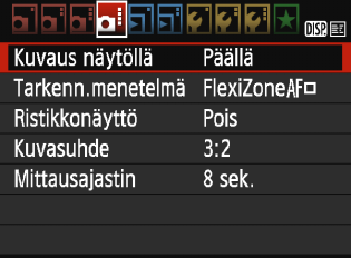Valikkotoimintojen asetukset Valikossa näkyvät seuraavat komennot. Tämän valikkonäytön asetettavat toiminnot ovat käytössä vain näytöllä kuvauksessa.
